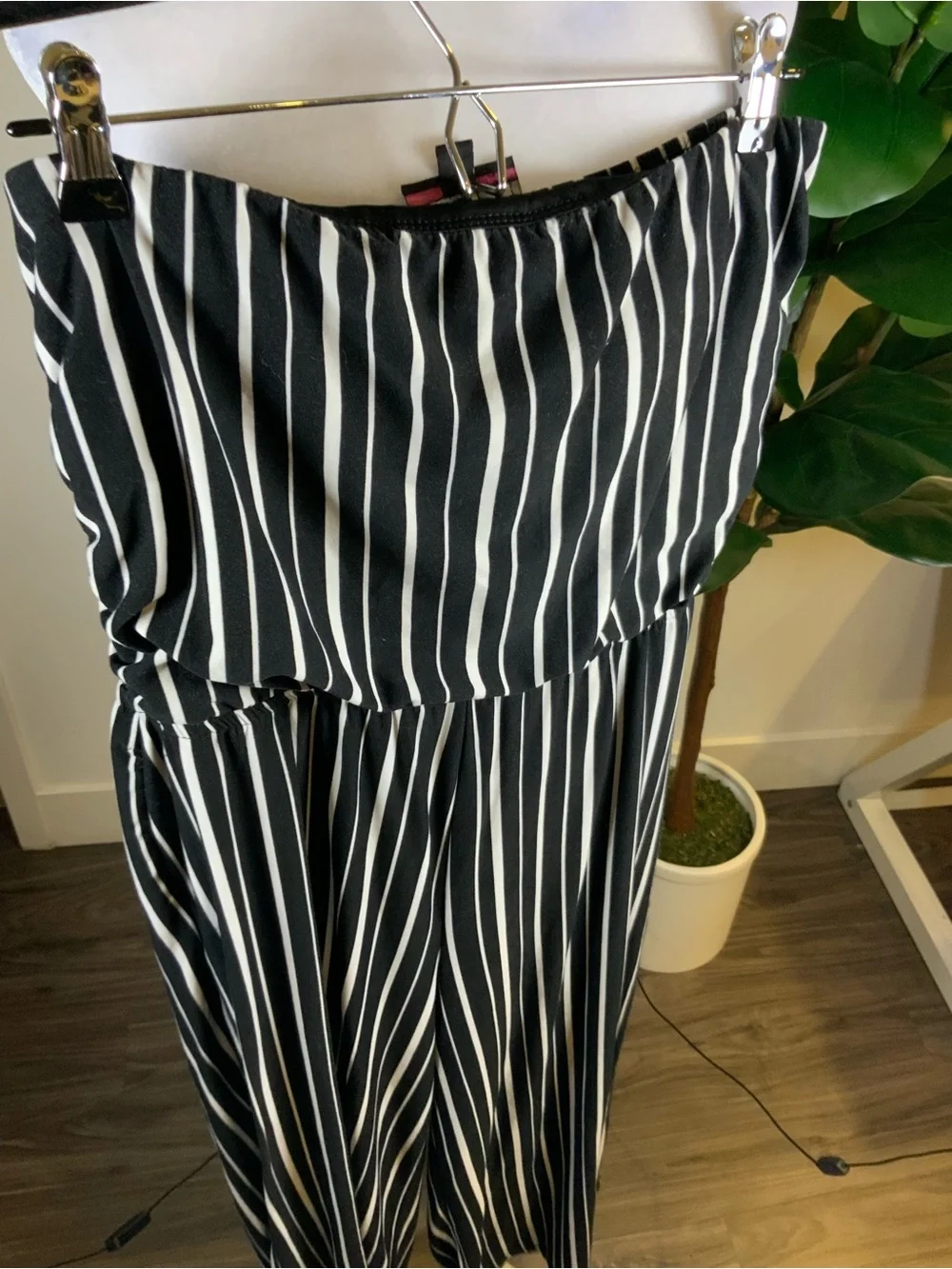 Discreet Black and White Vertical Stripe Strapless Jumpsuit